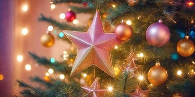 The primary subject of the image is a pink star ornament hanging from a Christmas tree. The setting is a festive environment with a Christmas tree as the backdrop. The visual style is a photo of the ornament, and the colors and mood are predominantly pink and festive.